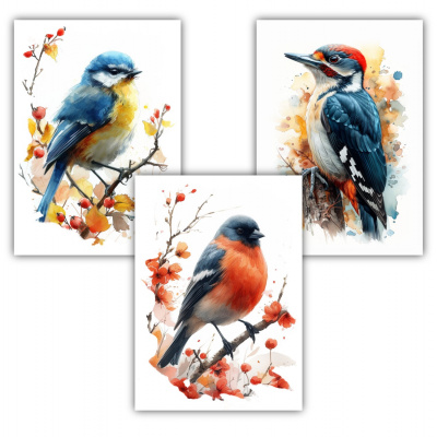Kunstdruck mit dem Motiv Vogel Set mit Blaumeise Dompfaff Buntspecht