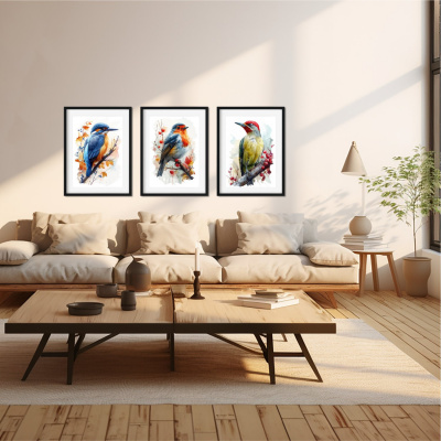 Kunstdruck mit dem Motiv Vogel Set mit Eisvogel Rotkehlchen Grnspecht - Ansicht 2
