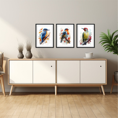 Kunstdruck mit dem Motiv Vogel Set mit Eisvogel Rotkehlchen Grnspecht - Ansicht 3