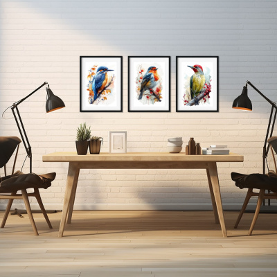 Kunstdruck mit dem Motiv Vogel Set mit Eisvogel Rotkehlchen Grnspecht - Ansicht 4