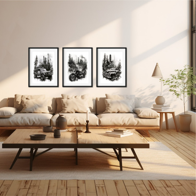 Kunstdruck mit dem Motiv Set mit Lost Places und Autos Motorrad - Ansicht 2