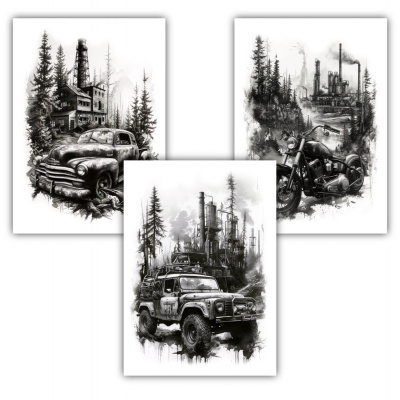 Kunstdruck mit dem Motiv Set mit Lost Places und Autos Motorrad