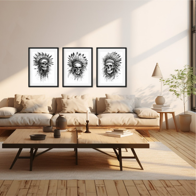 Kunstdruck mit dem Motiv Totenkopf Set mit Indianer Motiven - Ansicht 2