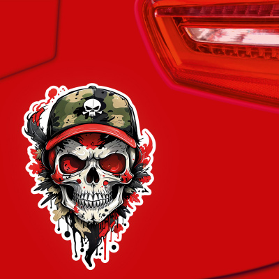 Roter Totenkopf mit Kappe Aufkleber Cartoon - Ansicht 3