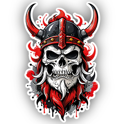 Roter Wikinger Totenkopf Aufkleber Cartoon