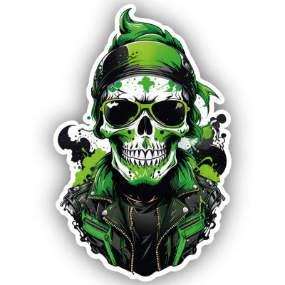 Grner Biker Totenkopf Aufkleber Cartoon