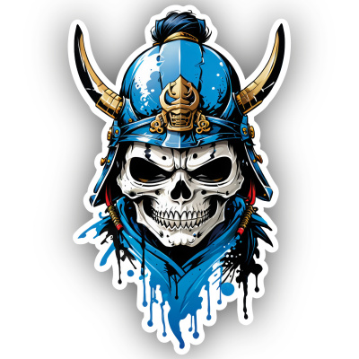 Blauer Samurai Totenkopf Aufkleber Cartoon