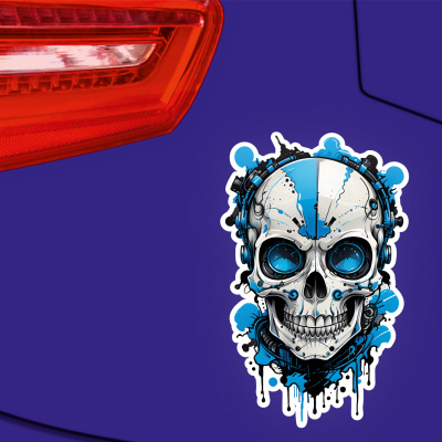 Blauer Cyborg Totenkopf Aufkleber Cartoon - Ansicht 3