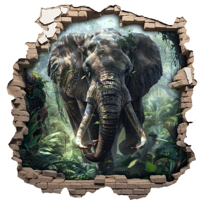 Buntes Wandtattoo  Wandriss mit Elefant in Wald 