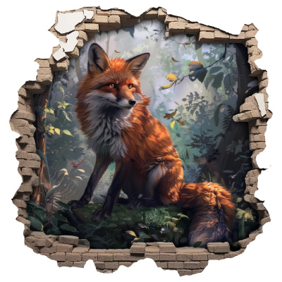 Buntes Wandtattoo  Wandriss mit Fuchs in Wald 