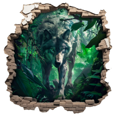 Buntes Wandtattoo  Wandriss mit Wolf in Wald 