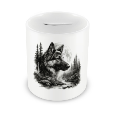 Spardose mit dem Motiv Schferhund im Wald
