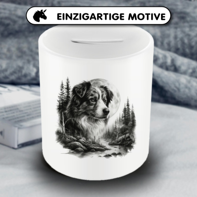 Spardose mit dem Motiv Australian Shepherd im Wald - Ansicht 3