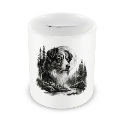 Spardose mit dem Motiv Australian Shepherd im Wald