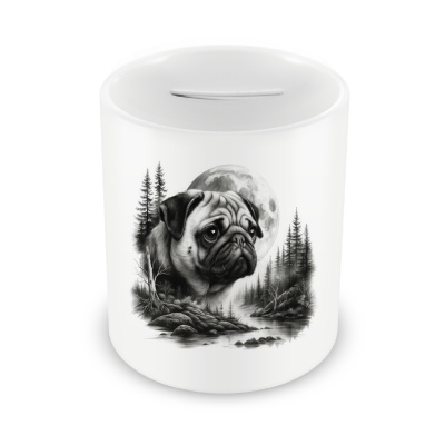 Spardose mit dem Motiv Mops im Wald