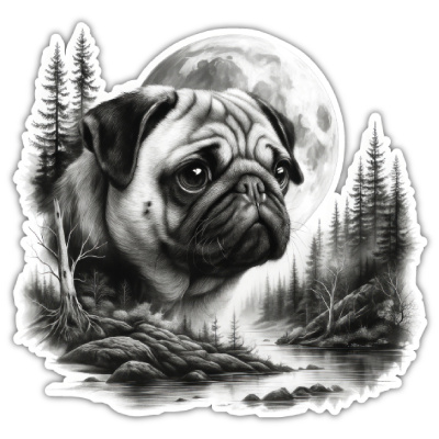 Mops im Wald Aufkleber Bunt