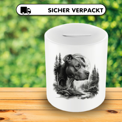 Spardose mit dem Motiv American Pit Bull Terrier im Wald - Ansicht 4