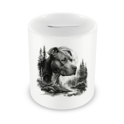 Spardose mit dem Motiv American Pit Bull Terrier im Wald