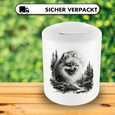 Spardose mit dem Motiv Zwergspitz im Wald - Ansicht 4