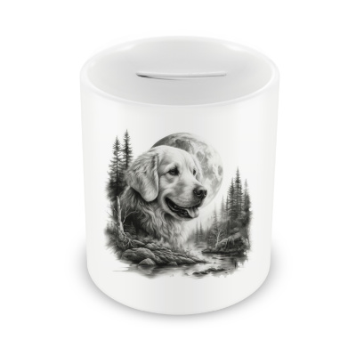 Spardose mit dem Motiv Golden Retriever im Wald