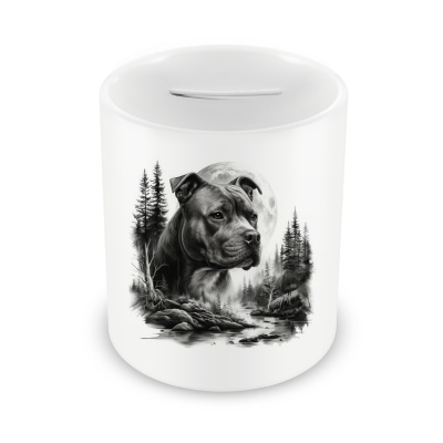 Spardose mit dem Motiv Staffordshire Terrier im Wald