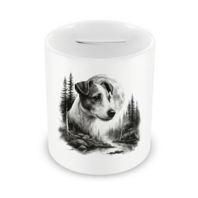 Spardose mit dem Motiv Jack Russell Terrier im Wald