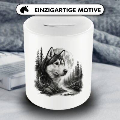 Spardose mit dem Motiv Husky im Wald - Ansicht 3