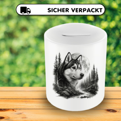 Spardose mit dem Motiv Husky im Wald - Ansicht 4