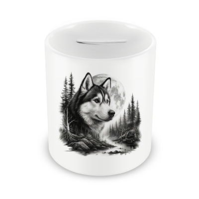 Spardose mit dem Motiv Husky im Wald