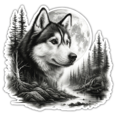 Husky im Wald Aufkleber Bunt
