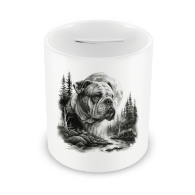 Spardose mit dem Motiv American Bulldog im Wald
