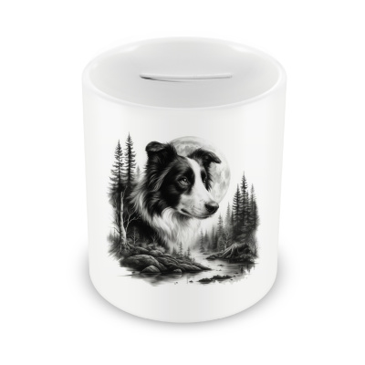 Spardose mit dem Motiv Border Collie im Wald