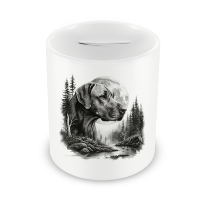 Spardose mit dem Motiv Rhodesian Ridgeback im Wald