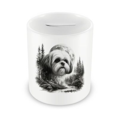 Spardose mit dem Motiv Shih-Tzu im Wald