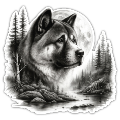 Akita im Wald Aufkleber Bunt