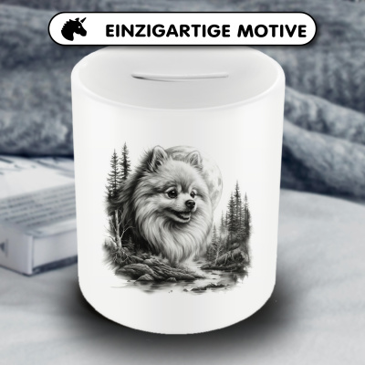 Spardose mit dem Motiv Deutscher Spitz im Wald - Ansicht 3