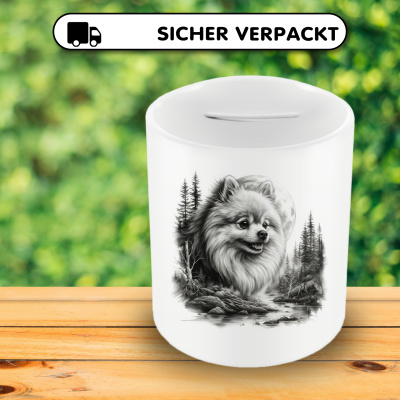 Spardose mit dem Motiv Deutscher Spitz im Wald - Ansicht 4