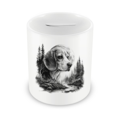 Spardose mit dem Motiv Beagle im Wald