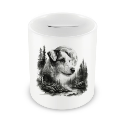 Spardose mit dem Motiv Parson Russell Terrier im Wald
