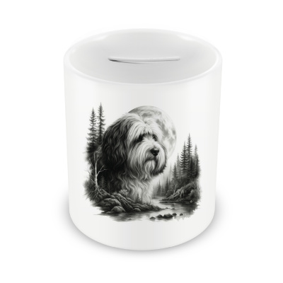 Spardose mit dem Motiv Tibet Terrier im Wald