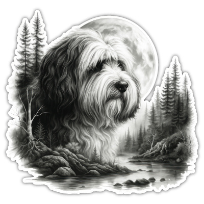 Tibet Terrier im Wald Aufkleber Bunt