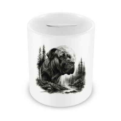 Spardose mit dem Motiv Dogo Canario im Wald