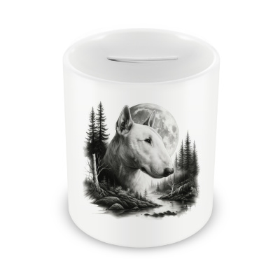 Spardose mit dem Motiv Bullterrier im Wald