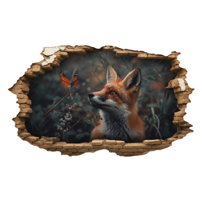 Buntes Wandtattoo  Wandriss mit Fuchs mit Schmetterling 