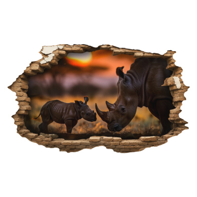 Buntes Wandtattoo  Wandriss mit Nashorn und Baby 