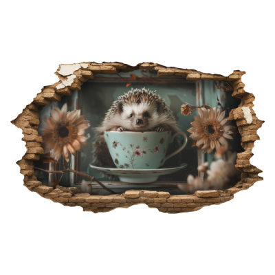 Buntes Wandtattoo  Wandriss mit Igel in Tasse 