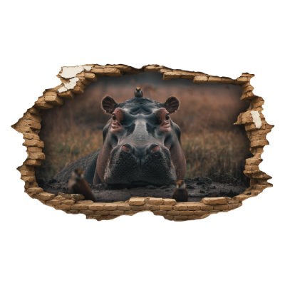 Buntes Wandtattoo  Wandriss mit Nilpferd mit Vgeln 