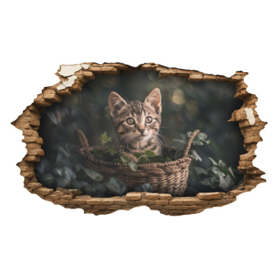 Buntes Wandtattoo  Wandriss mit Katze in Korb 