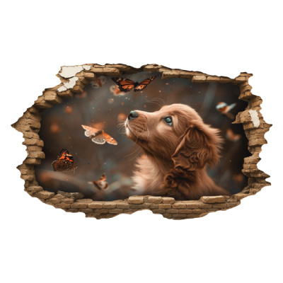 Buntes Wandtattoo  Wandriss mit Welpe mit Schmetterling 