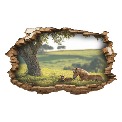 Buntes Wandtattoo  Wandriss mit Pferd und Pfohlen unter Baum 